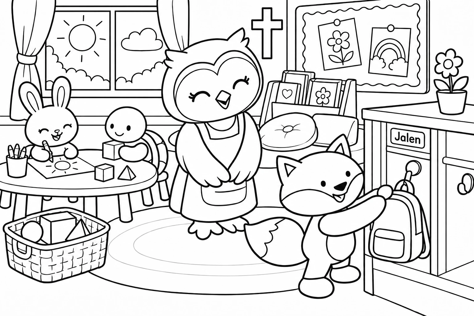 Jalen the fox and Miss Owl in their classroom